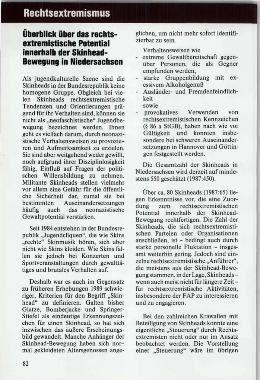 Seite 82 des Verfassungsschutzbericht 1989 Niedersachsen