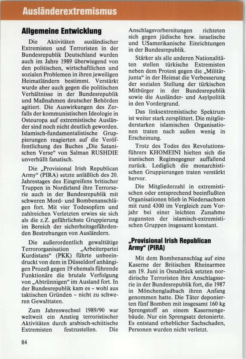 Seite 84 des Verfassungsschutzbericht 1989 Niedersachsen
