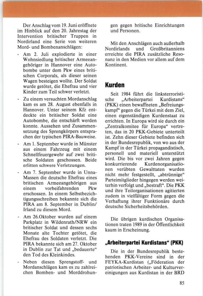 Seite 85 des Verfassungsschutzbericht 1989 Niedersachsen