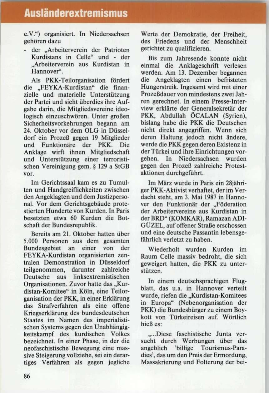 Seite 86 des Verfassungsschutzbericht 1989 Niedersachsen