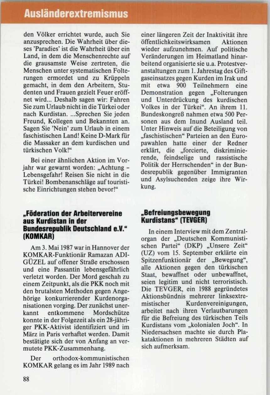 Seite 88 des Verfassungsschutzbericht 1989 Niedersachsen