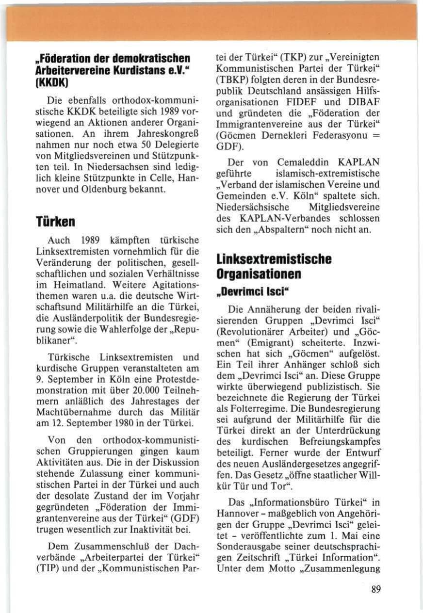 Seite 89 des Verfassungsschutzbericht 1989 Niedersachsen