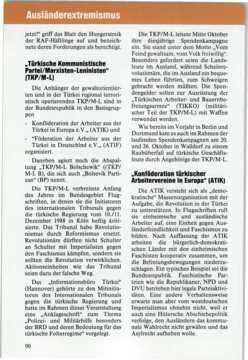 Seite 90 des Verfassungsschutzbericht 1989 Niedersachsen