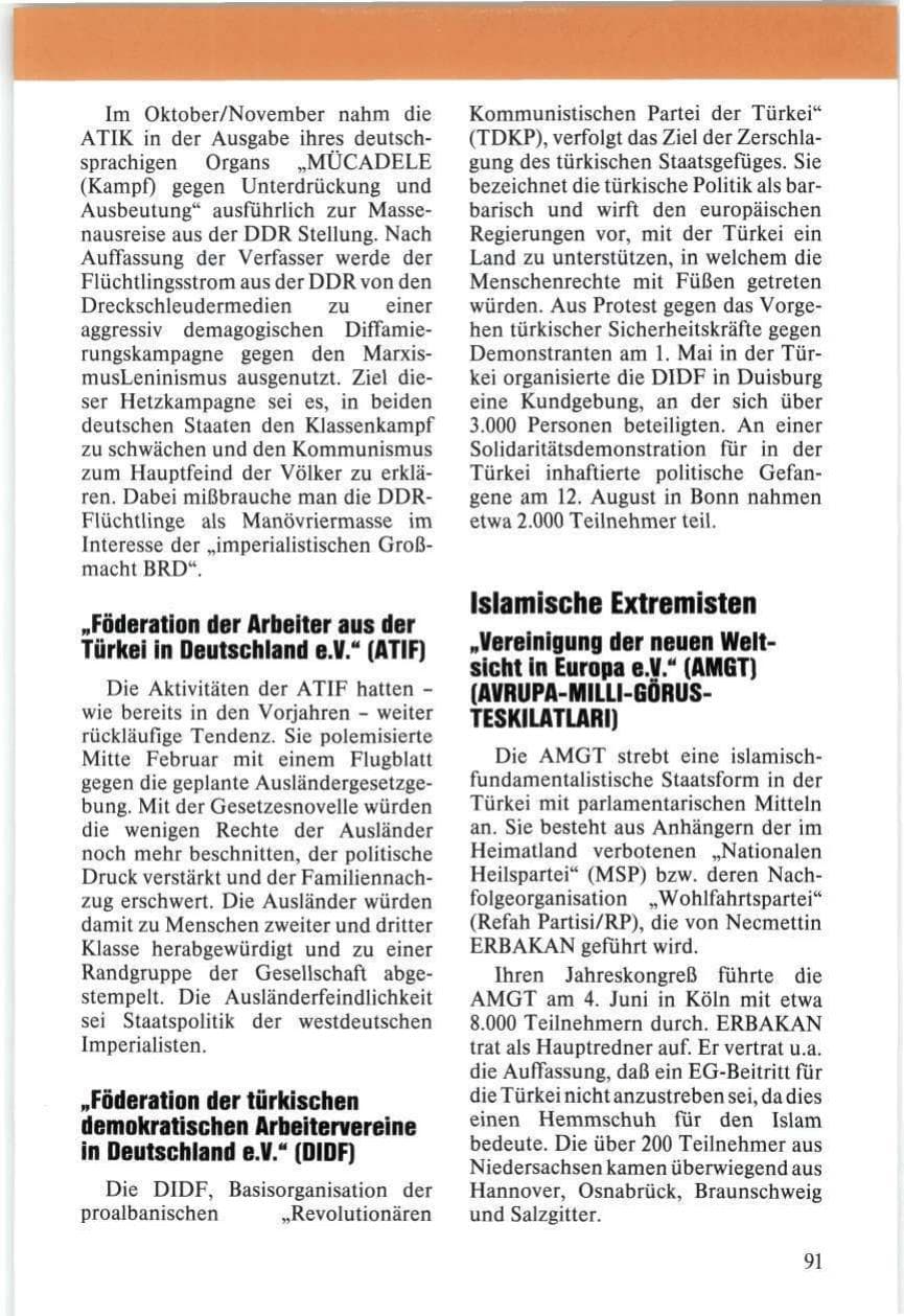 Seite 91 des Verfassungsschutzbericht 1989 Niedersachsen
