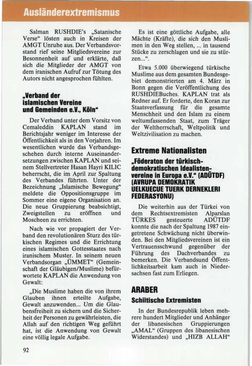Seite 92 des Verfassungsschutzbericht 1989 Niedersachsen