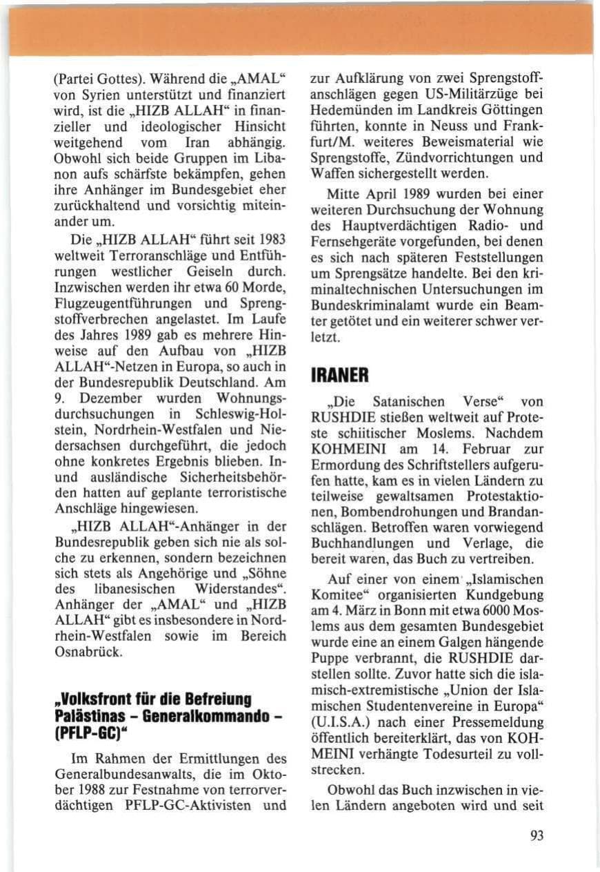 Seite 93 des Verfassungsschutzbericht 1989 Niedersachsen