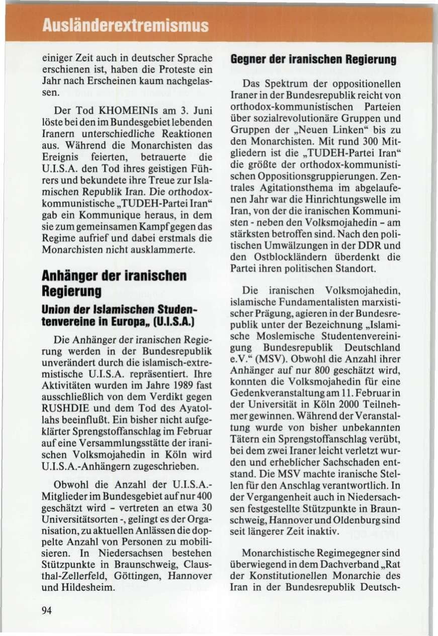 Seite 94 des Verfassungsschutzbericht 1989 Niedersachsen