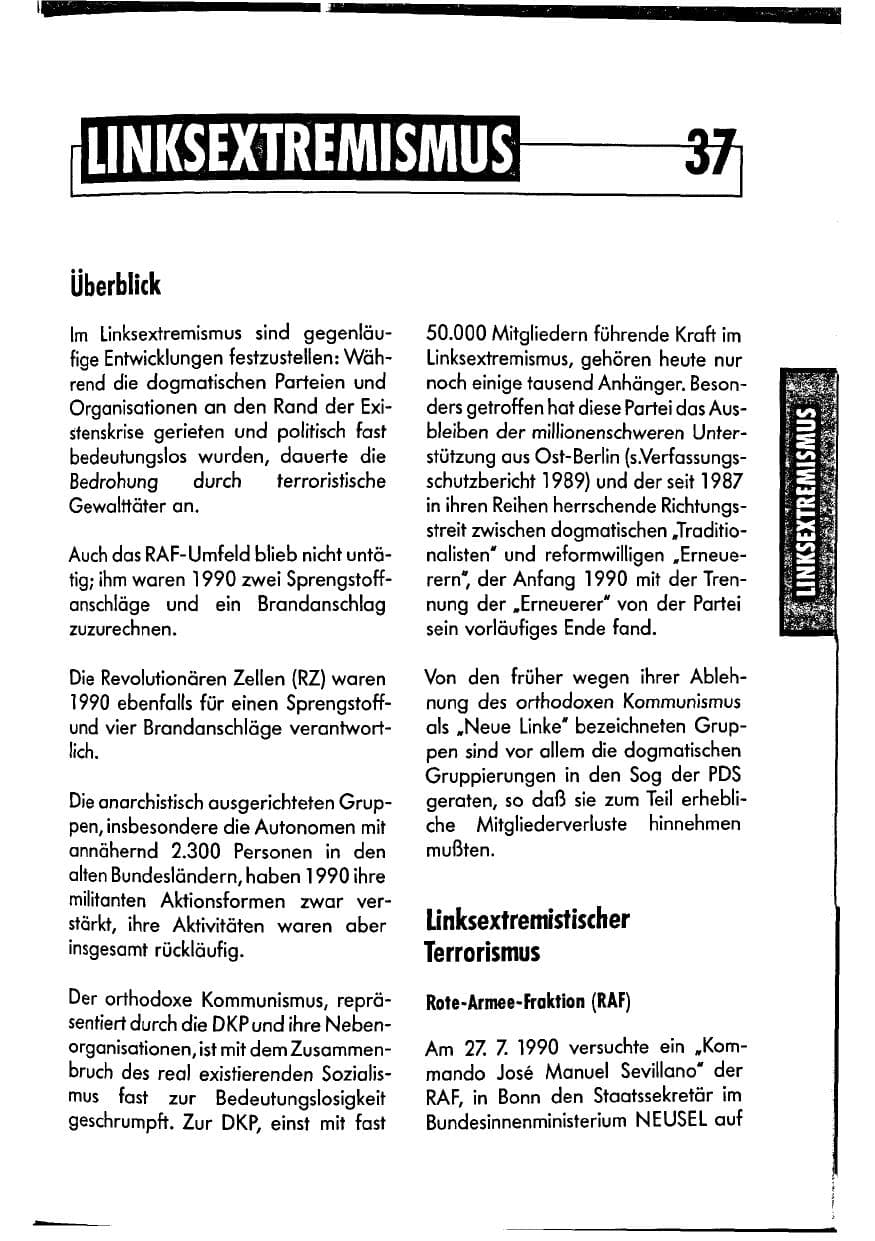 Seite 37 des Verfassungsschutzbericht 1990 Niedersachsen