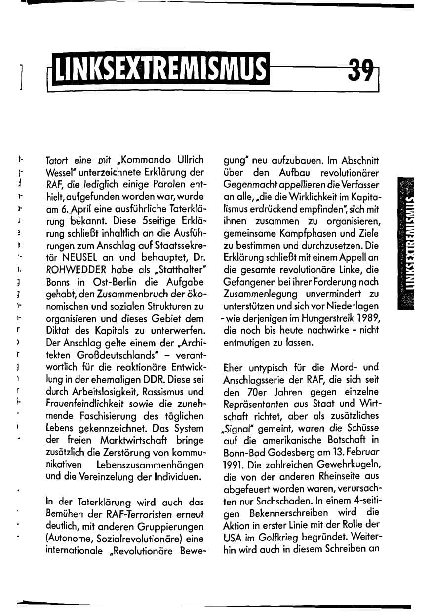 Seite 39 des Verfassungsschutzbericht 1990 Niedersachsen