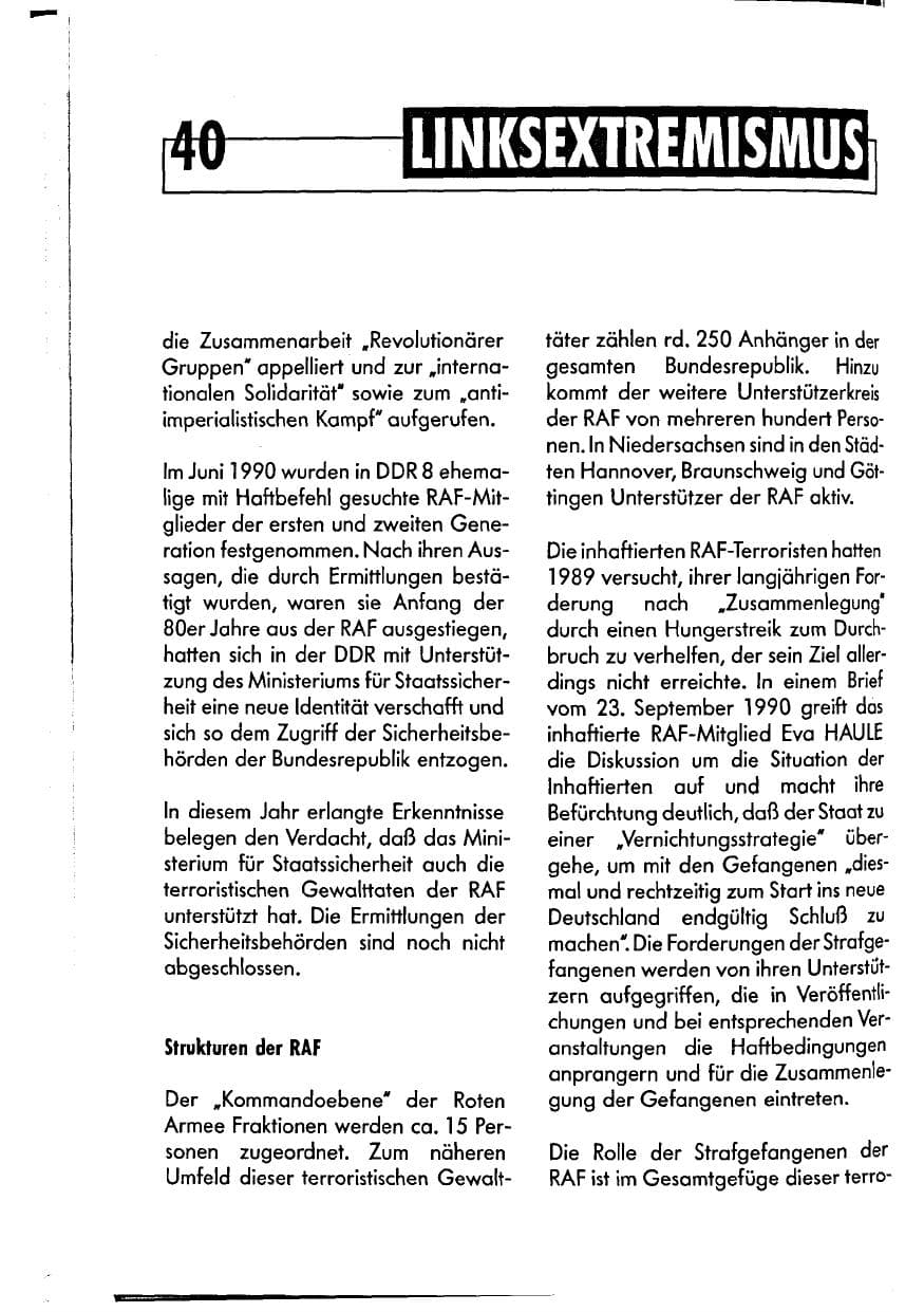 Seite 40 des Verfassungsschutzbericht 1990 Niedersachsen