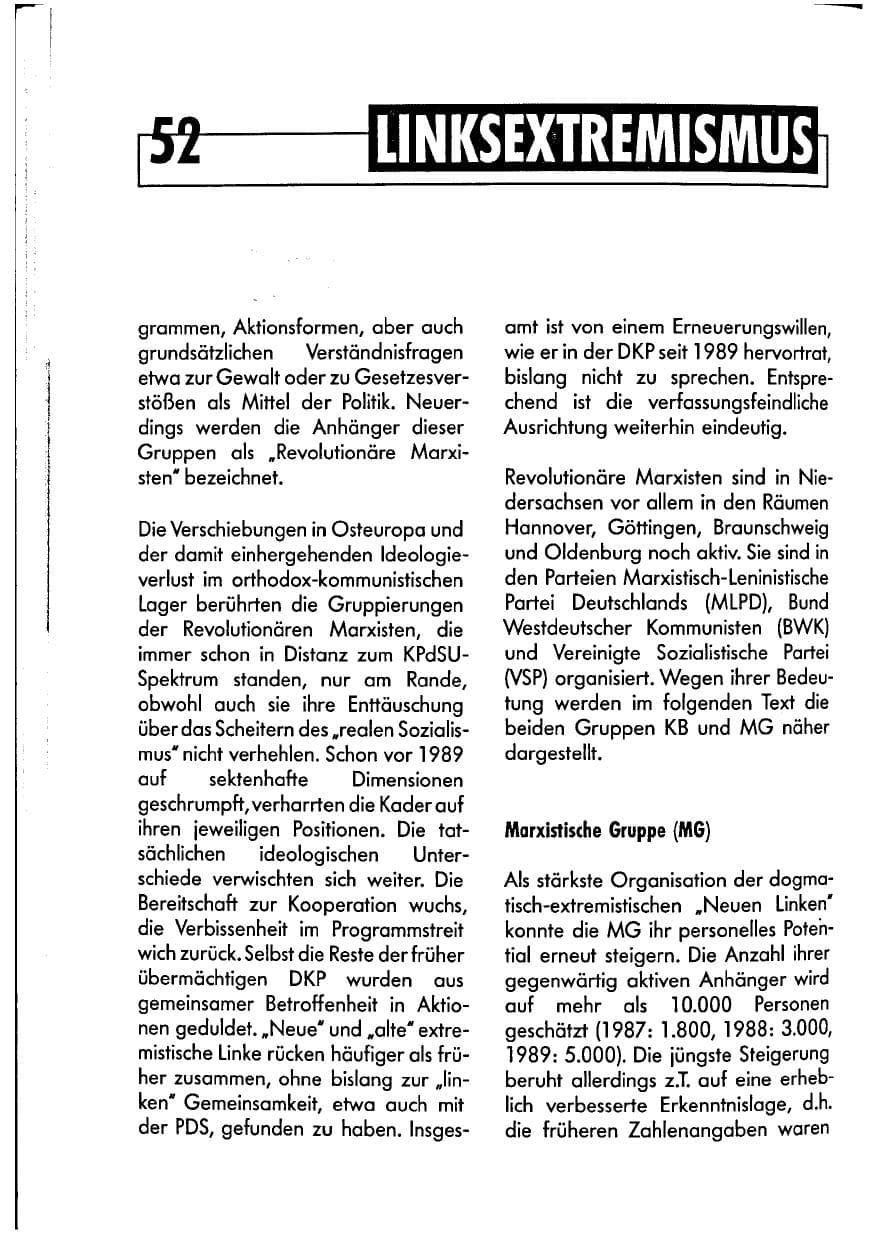 Seite 52 des Verfassungsschutzbericht 1990 Niedersachsen