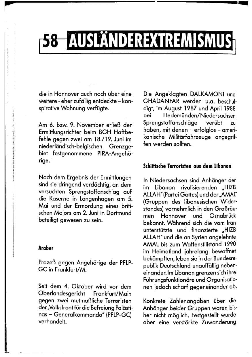 Seite 58 des Verfassungsschutzbericht 1990 Niedersachsen