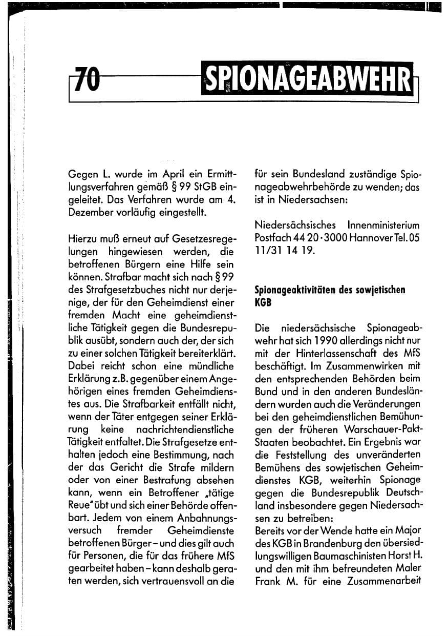 Seite 70 des Verfassungsschutzbericht 1990 Niedersachsen