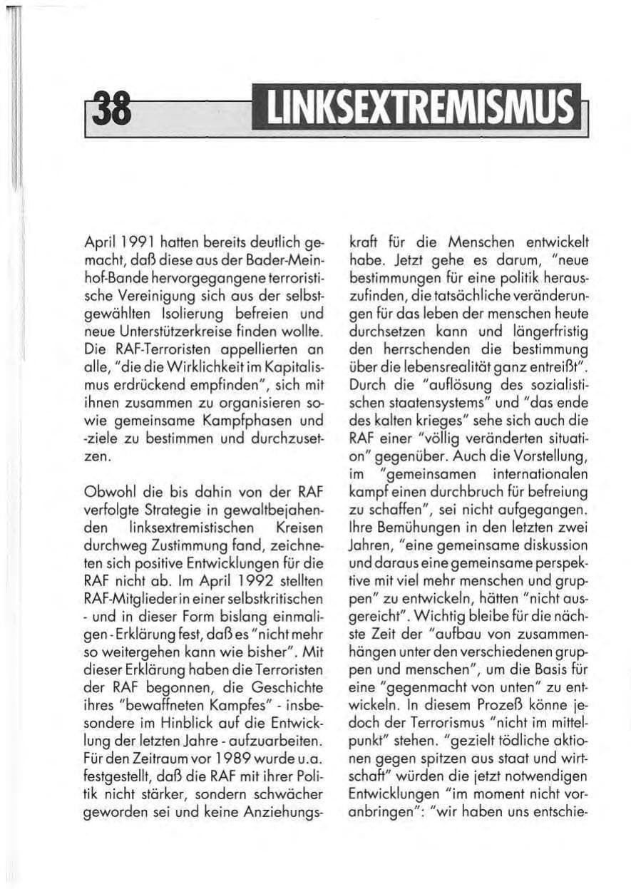 Seite 40 des Verfassungsschutzbericht 1991 Niedersachsen