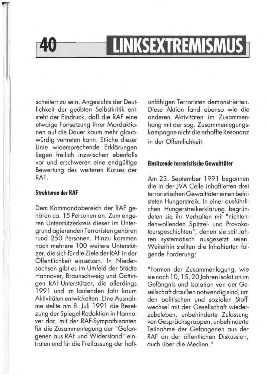 Seite 42 des Verfassungsschutzbericht 1991 Niedersachsen