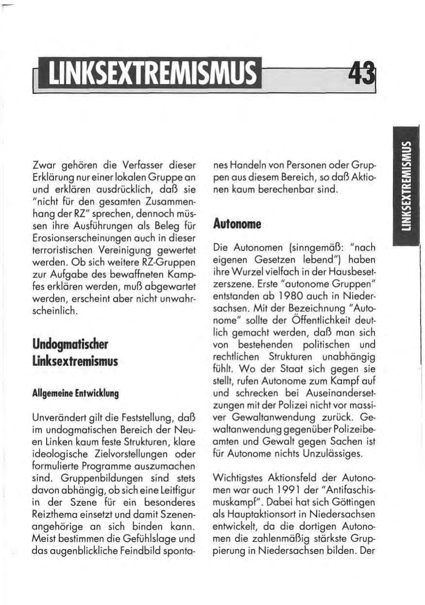 Seite 45 des Verfassungsschutzbericht 1991 Niedersachsen