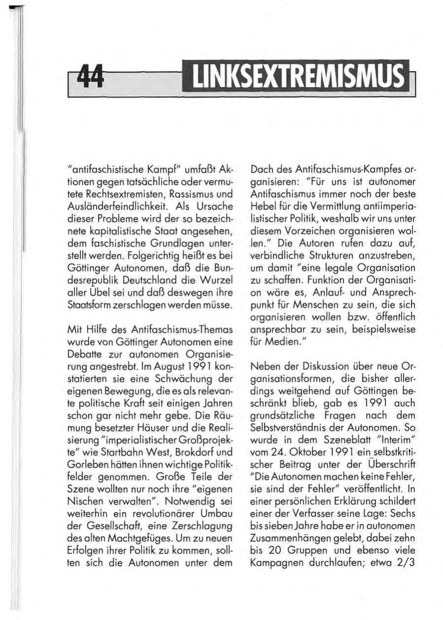 Seite 46 des Verfassungsschutzbericht 1991 Niedersachsen