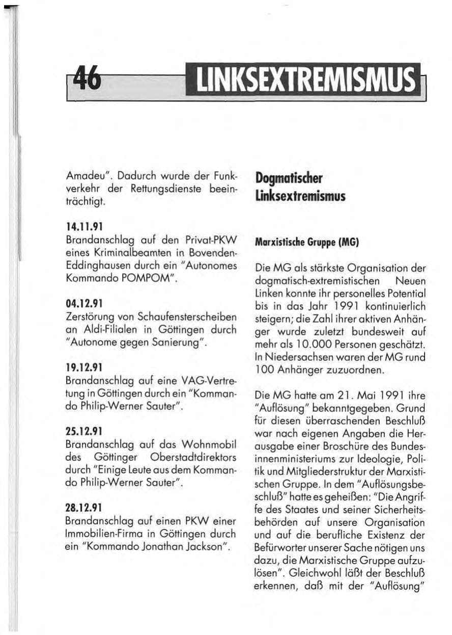 Seite 48 des Verfassungsschutzbericht 1991 Niedersachsen