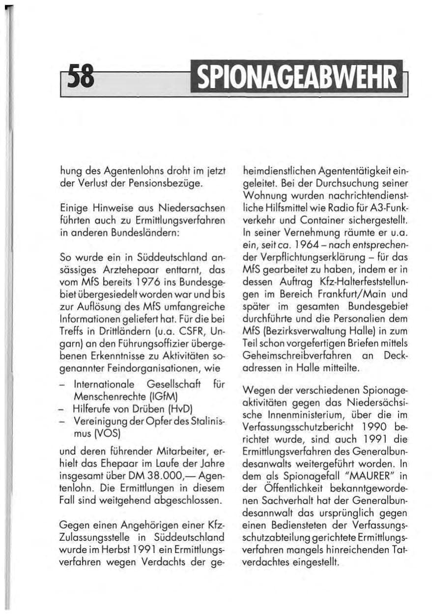 Seite 58 des Verfassungsschutzbericht 1991 Niedersachsen