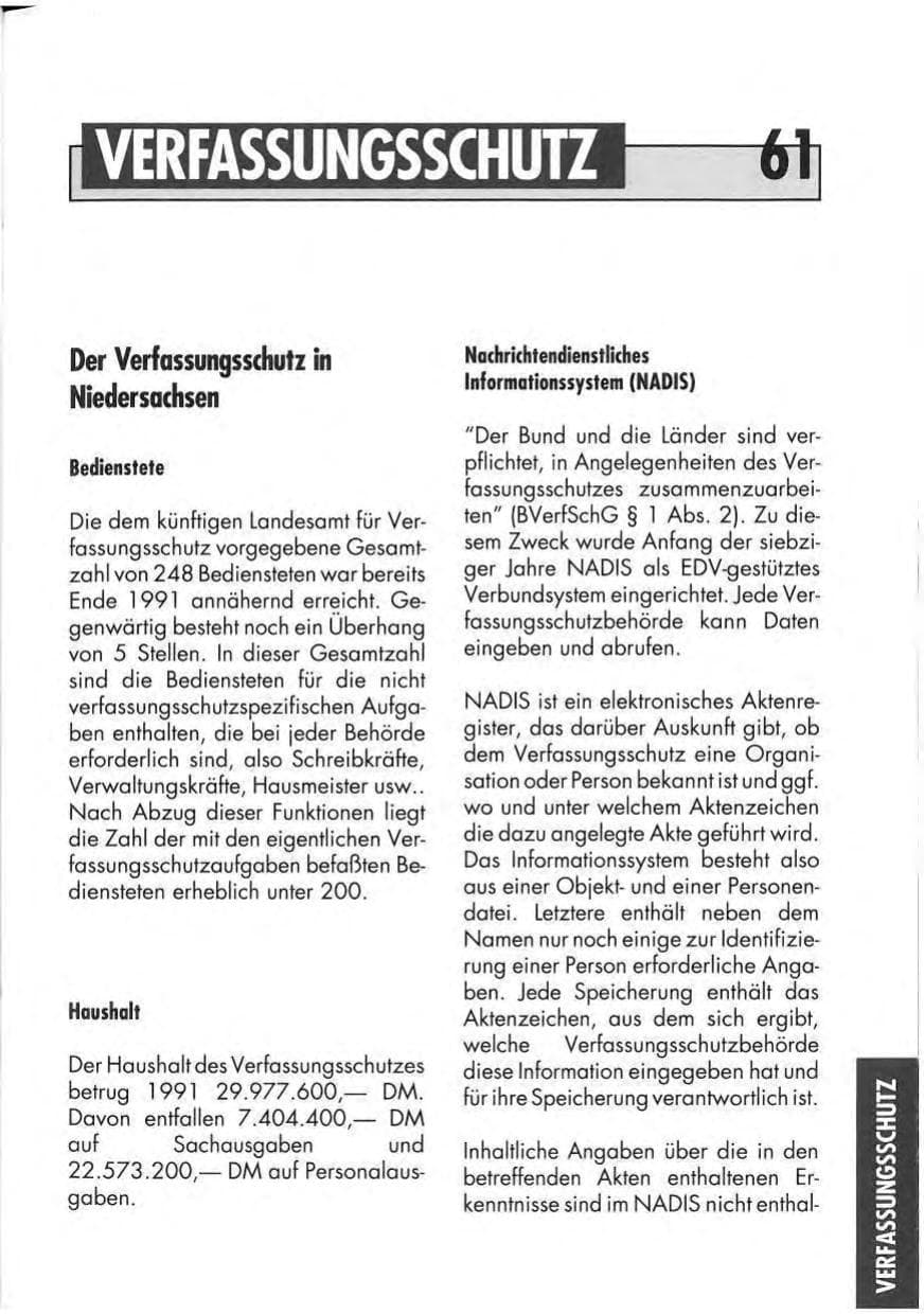 Seite 61 des Verfassungsschutzbericht 1991 Niedersachsen