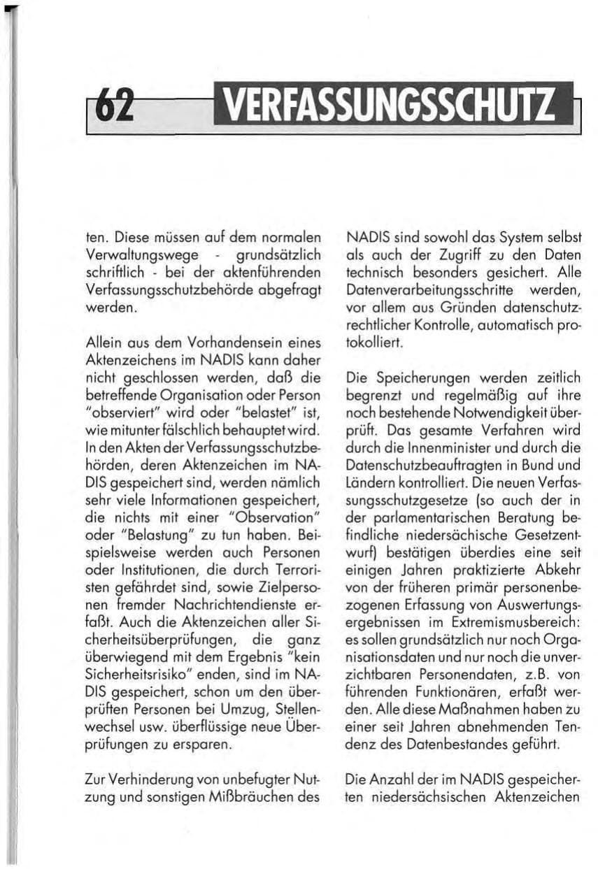 Seite 62 des Verfassungsschutzbericht 1991 Niedersachsen