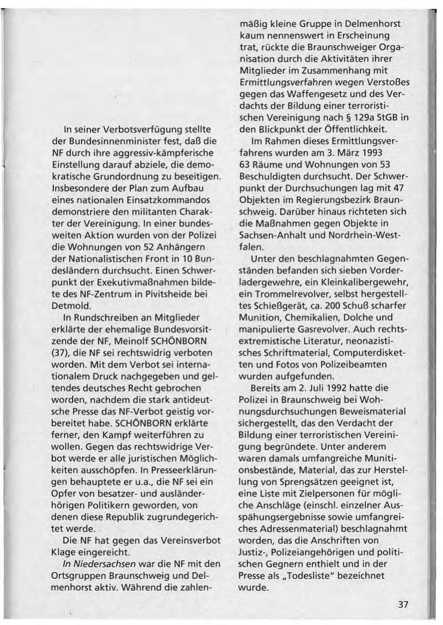 Seite 38 des Verfassungsschutzbericht 1992 Niedersachsen