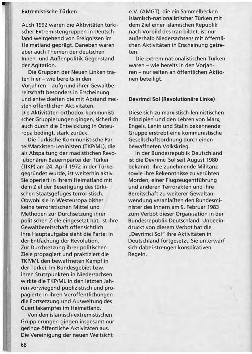 Seite 69 des Verfassungsschutzbericht 1992 Niedersachsen