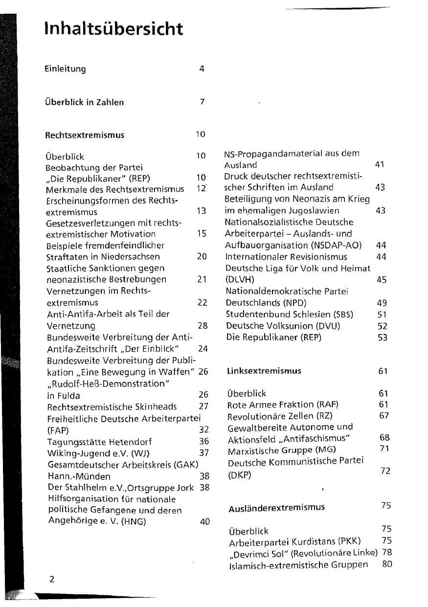 Seite 2 des Verfassungsschutzbericht 1993 Niedersachsen