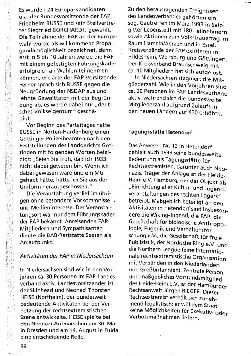 Seite 36 des Verfassungsschutzbericht 1993 Niedersachsen