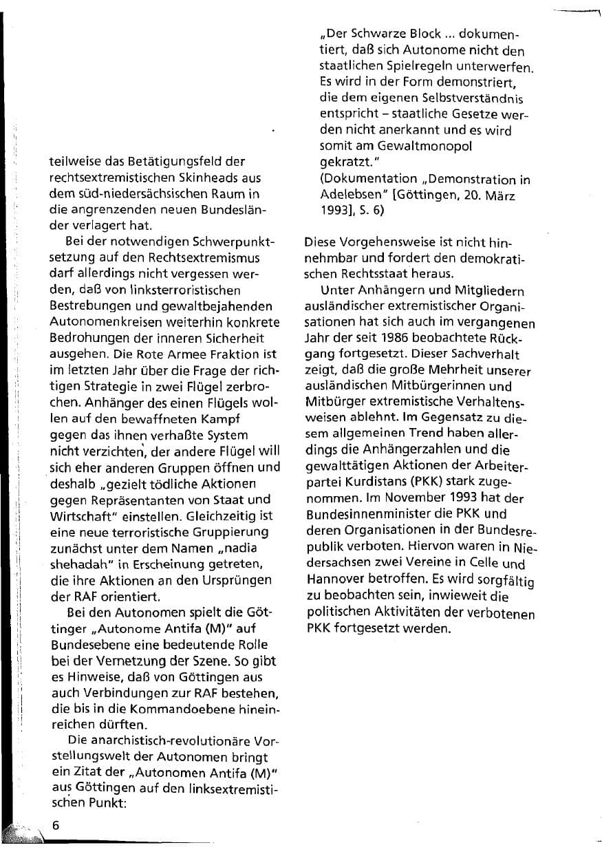 Seite 6 des Verfassungsschutzbericht 1993 Niedersachsen
