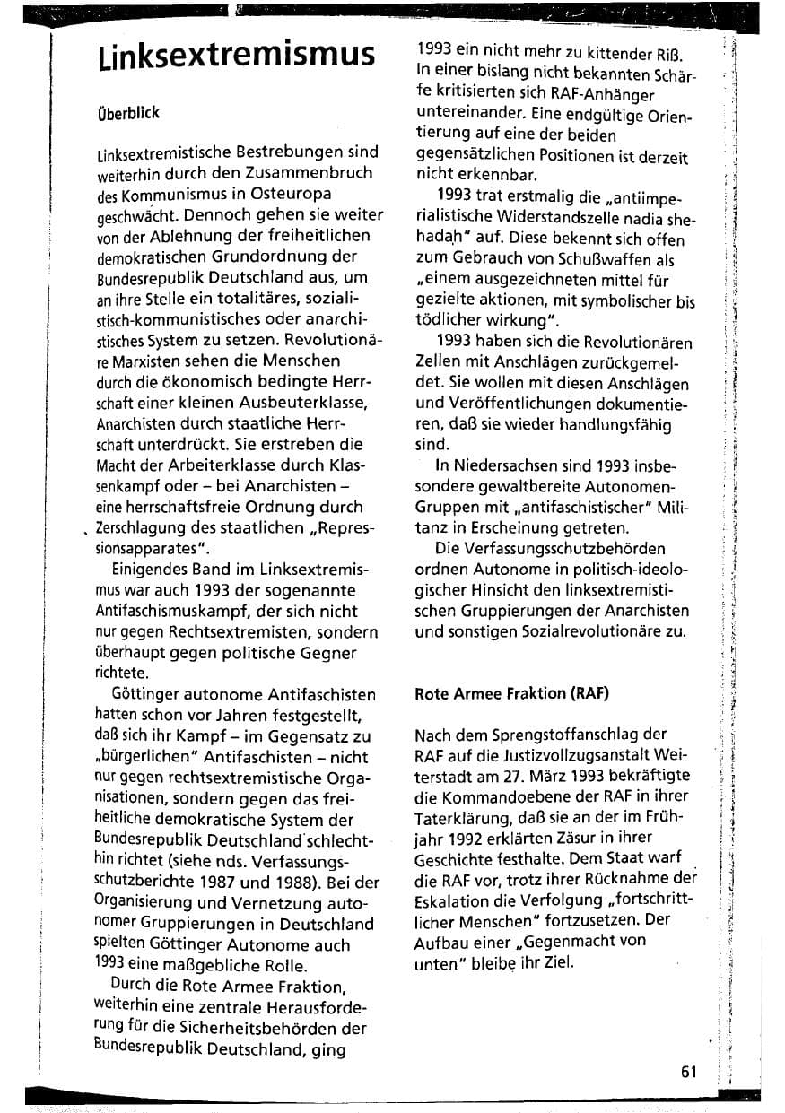 Seite 61 des Verfassungsschutzbericht 1993 Niedersachsen