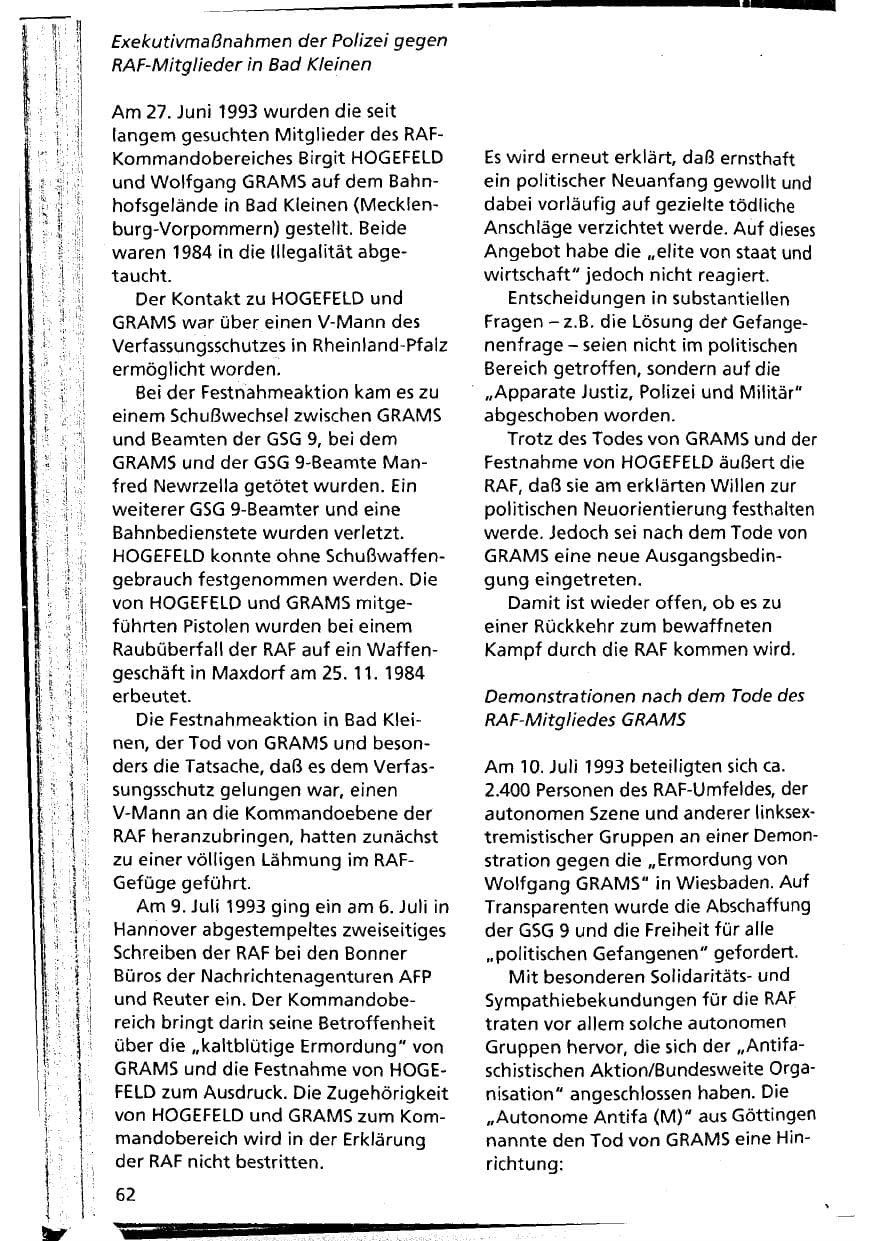 Seite 62 des Verfassungsschutzbericht 1993 Niedersachsen