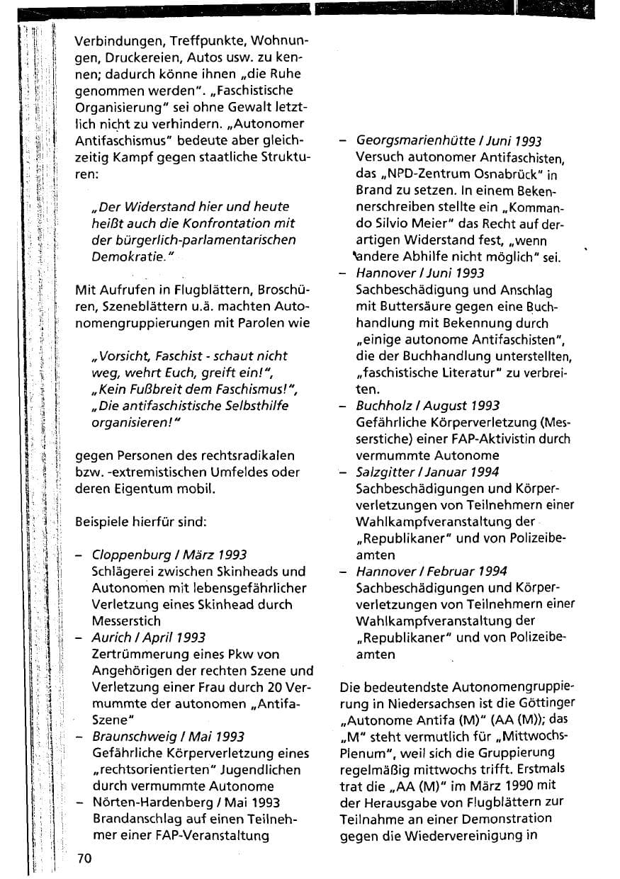 Seite 70 des Verfassungsschutzbericht 1993 Niedersachsen