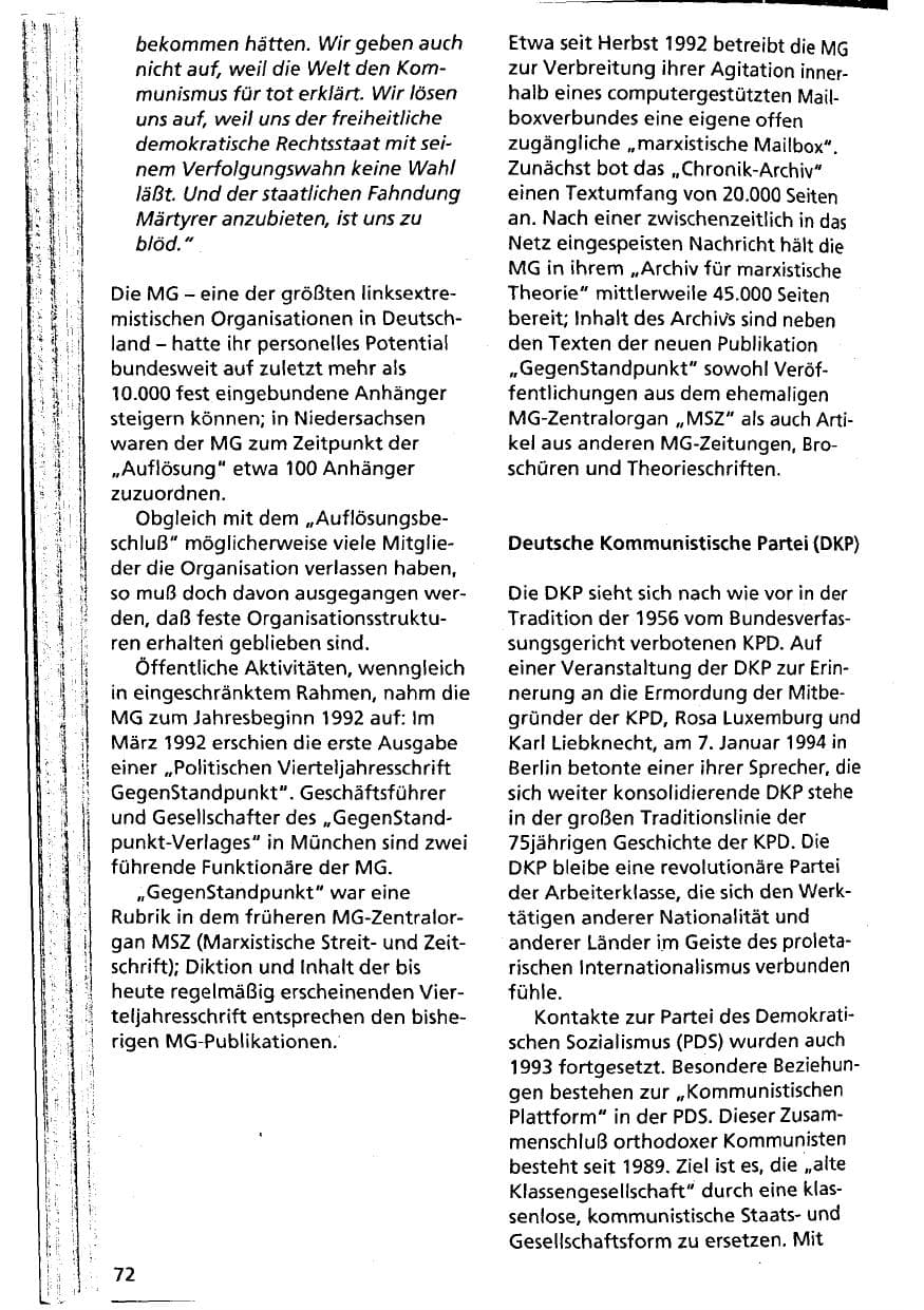 Seite 72 des Verfassungsschutzbericht 1993 Niedersachsen