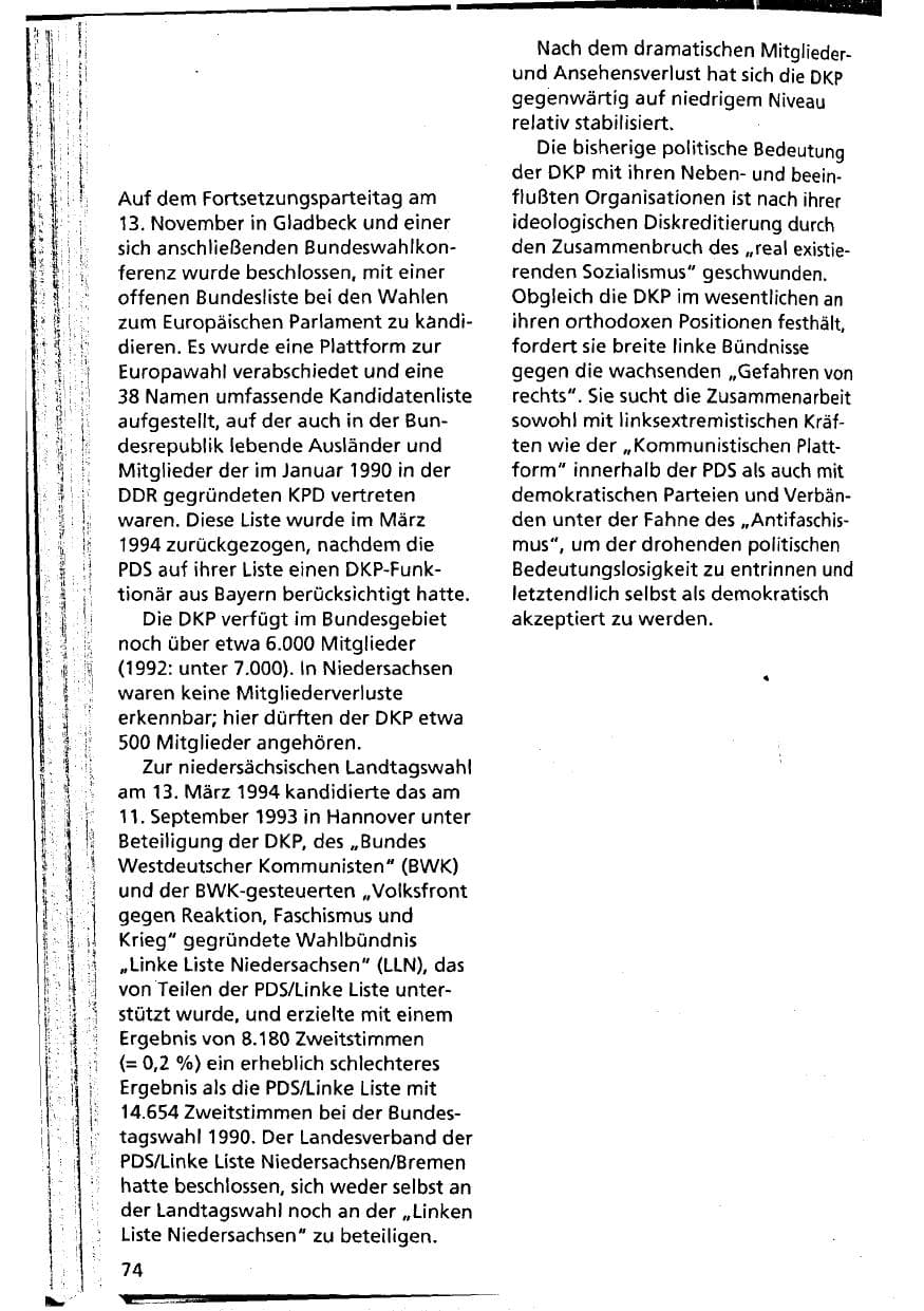 Seite 74 des Verfassungsschutzbericht 1993 Niedersachsen