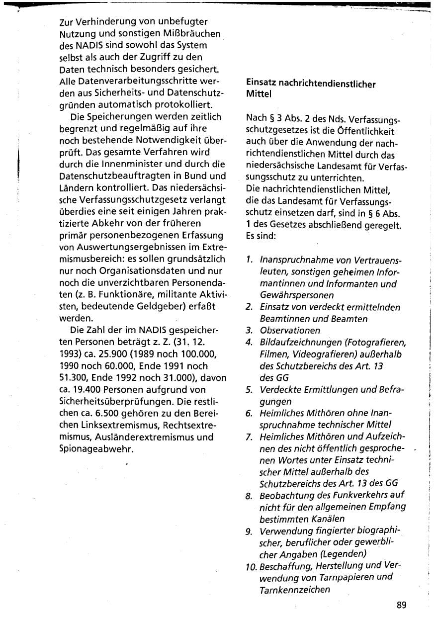 Seite 89 des Verfassungsschutzbericht 1993 Niedersachsen