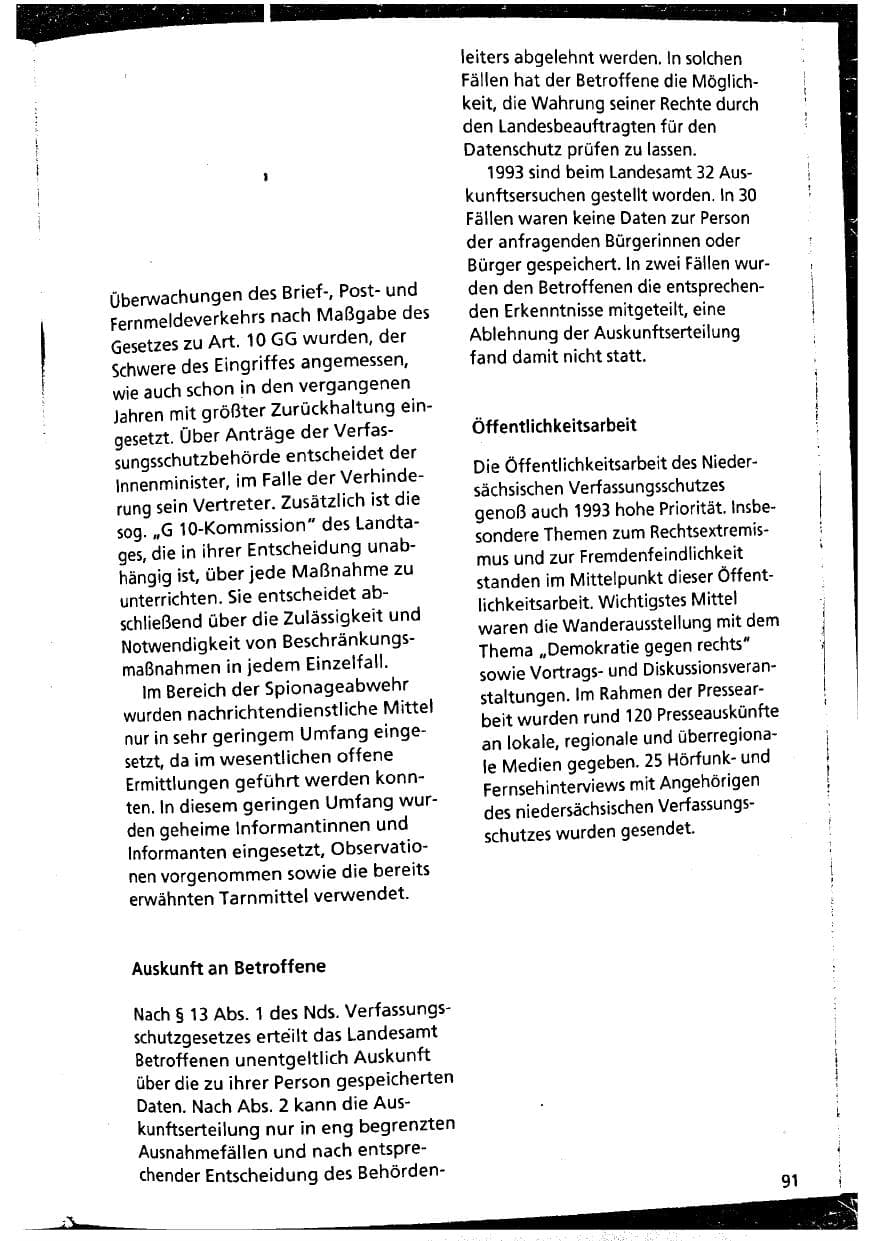 Seite 91 des Verfassungsschutzbericht 1993 Niedersachsen