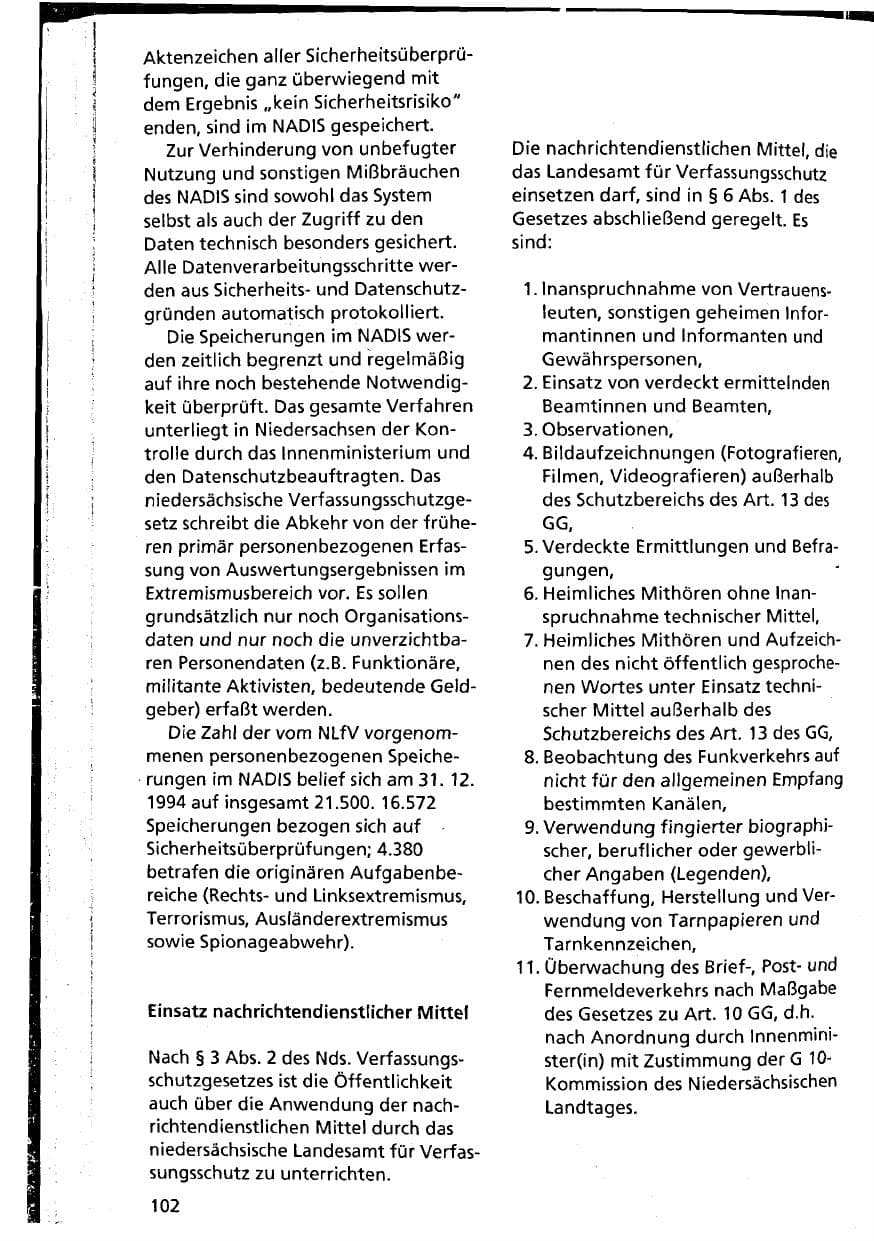 Seite 102 des Verfassungsschutzbericht 1994 Niedersachsen