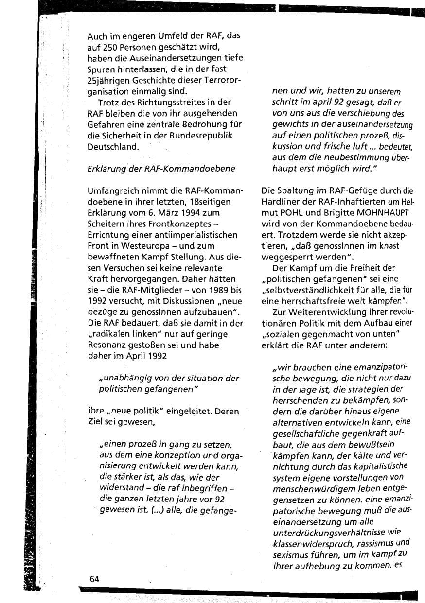 Seite 64 des Verfassungsschutzbericht 1994 Niedersachsen