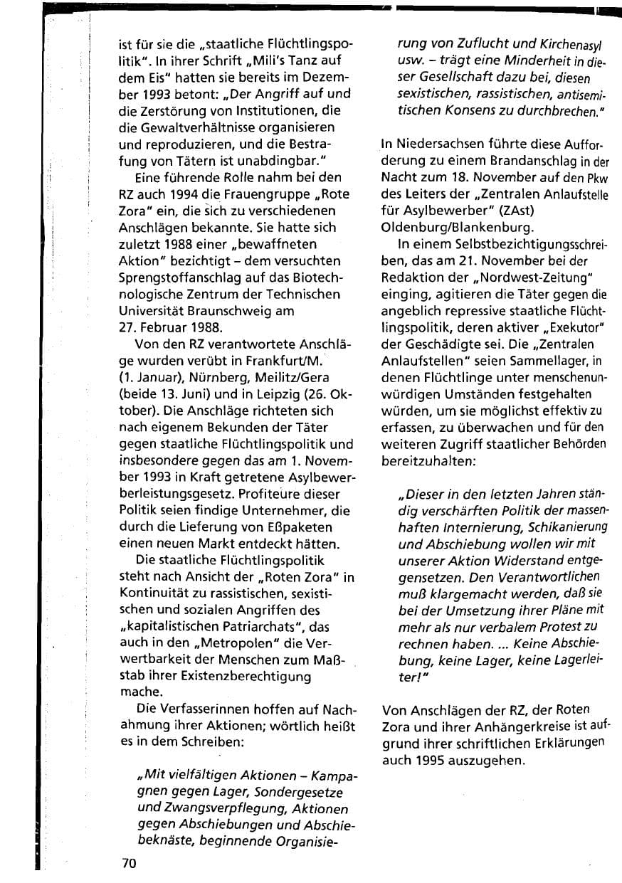 Seite 70 des Verfassungsschutzbericht 1994 Niedersachsen