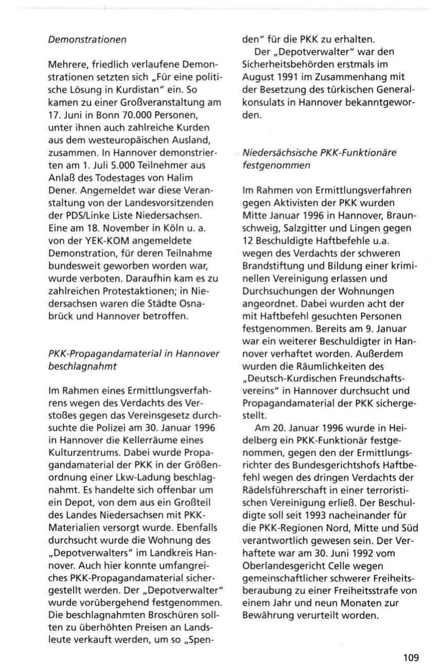 Seite 109 des Verfassungsschutzbericht 1995 Niedersachsen