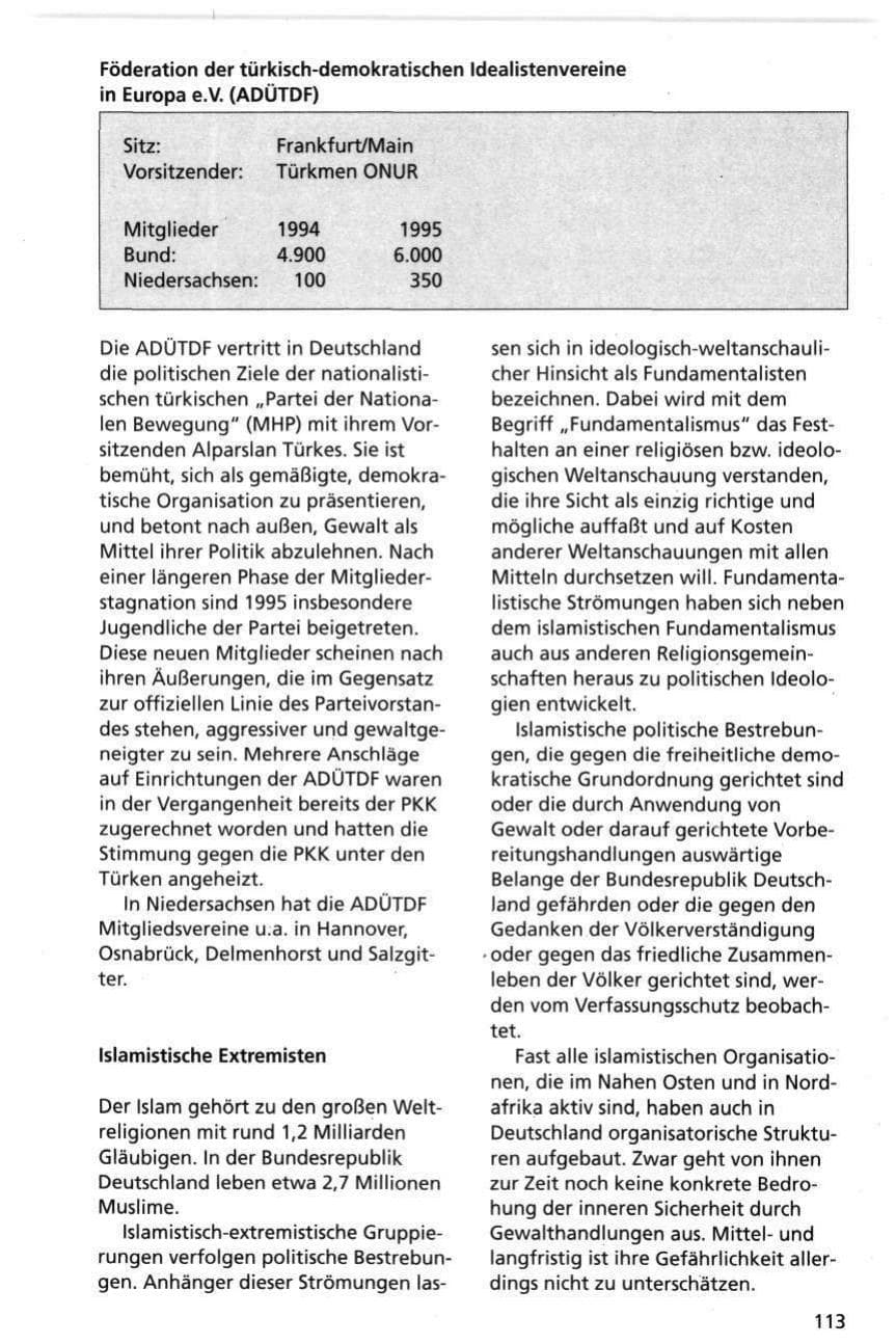 Seite 113 des Verfassungsschutzbericht 1995 Niedersachsen