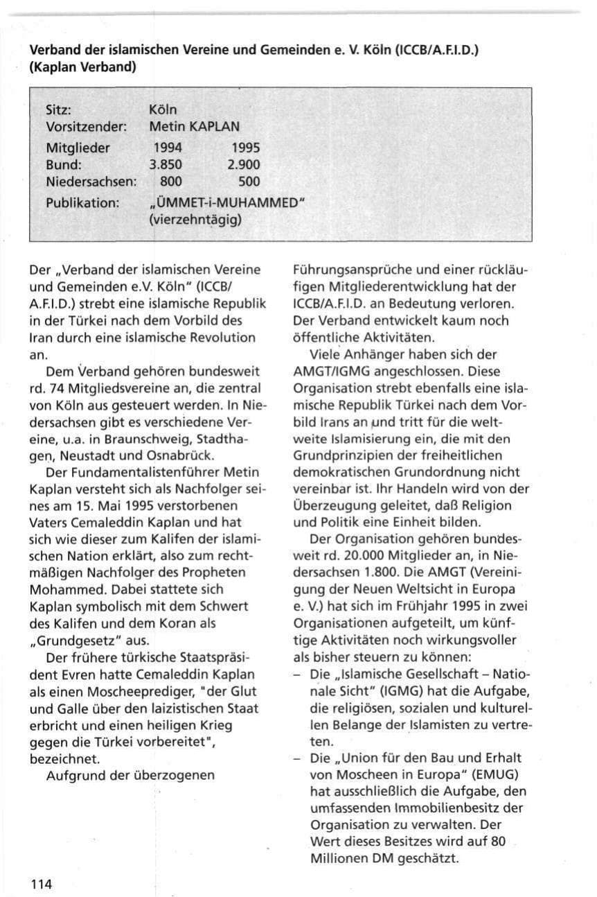 Seite 114 des Verfassungsschutzbericht 1995 Niedersachsen