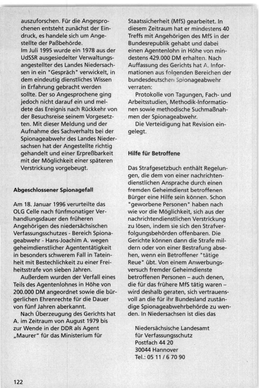 Seite 122 des Verfassungsschutzbericht 1995 Niedersachsen