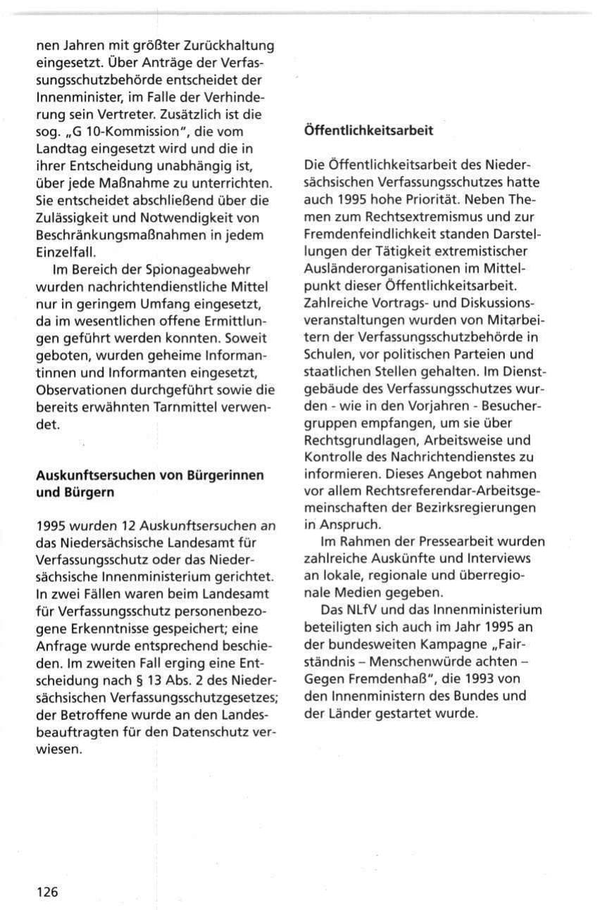 Seite 126 des Verfassungsschutzbericht 1995 Niedersachsen