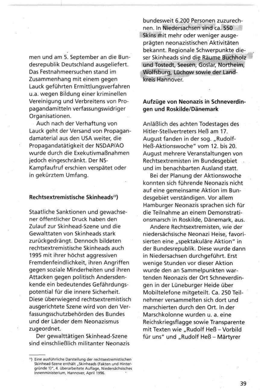 Seite 39 des Verfassungsschutzbericht 1995 Niedersachsen