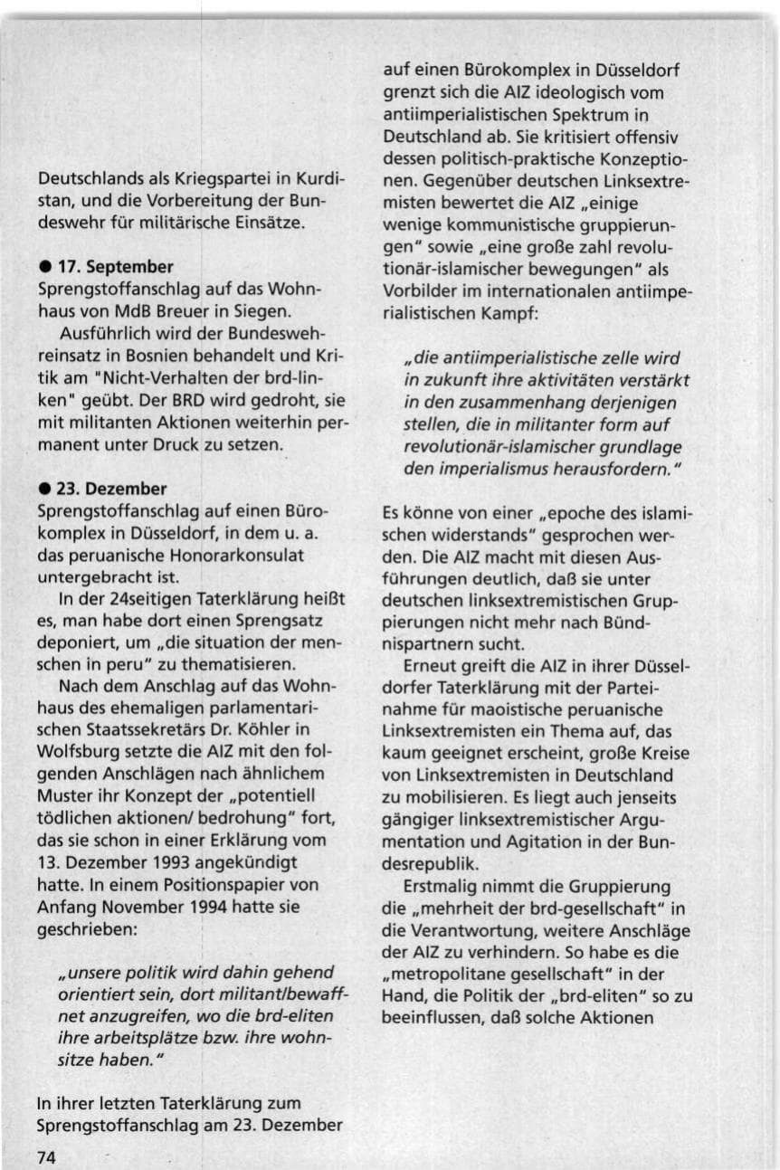 Seite 74 des Verfassungsschutzbericht 1995 Niedersachsen