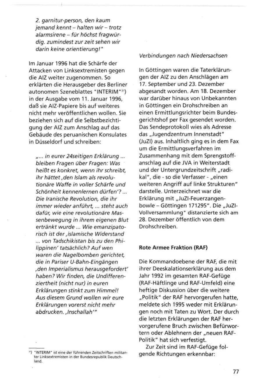 Seite 77 des Verfassungsschutzbericht 1995 Niedersachsen