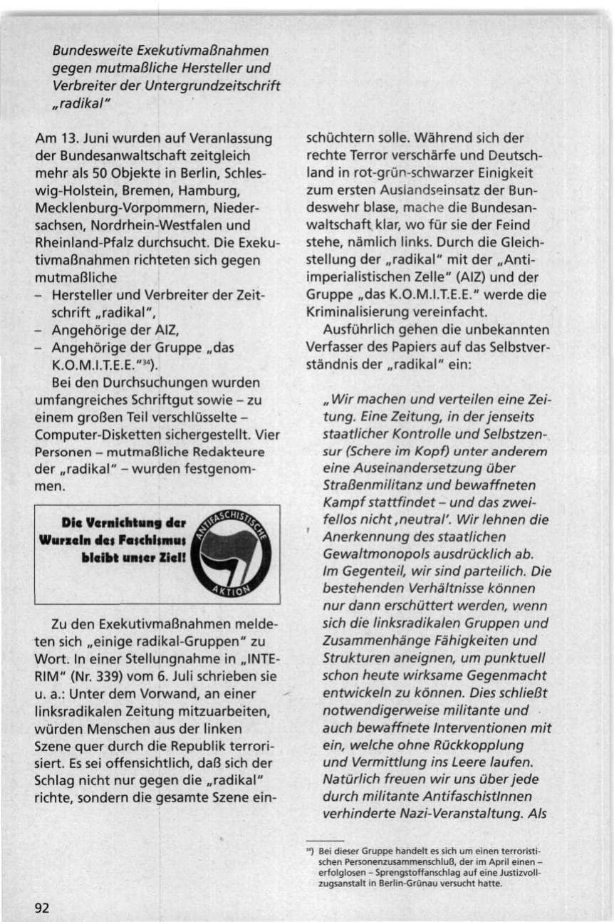 Seite 92 des Verfassungsschutzbericht 1995 Niedersachsen