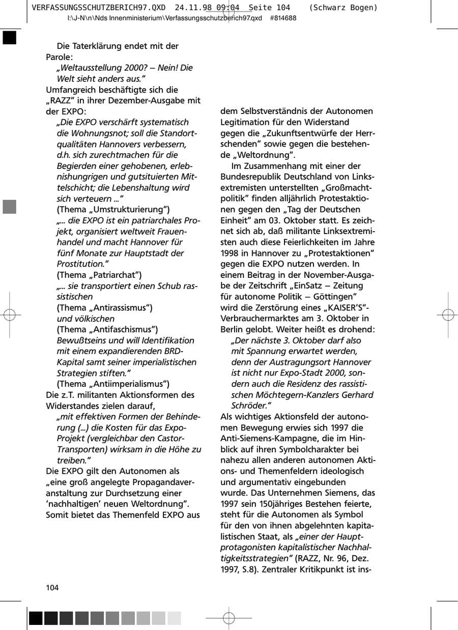Seite 104 des Verfassungsschutzbericht 1997 Niedersachsen